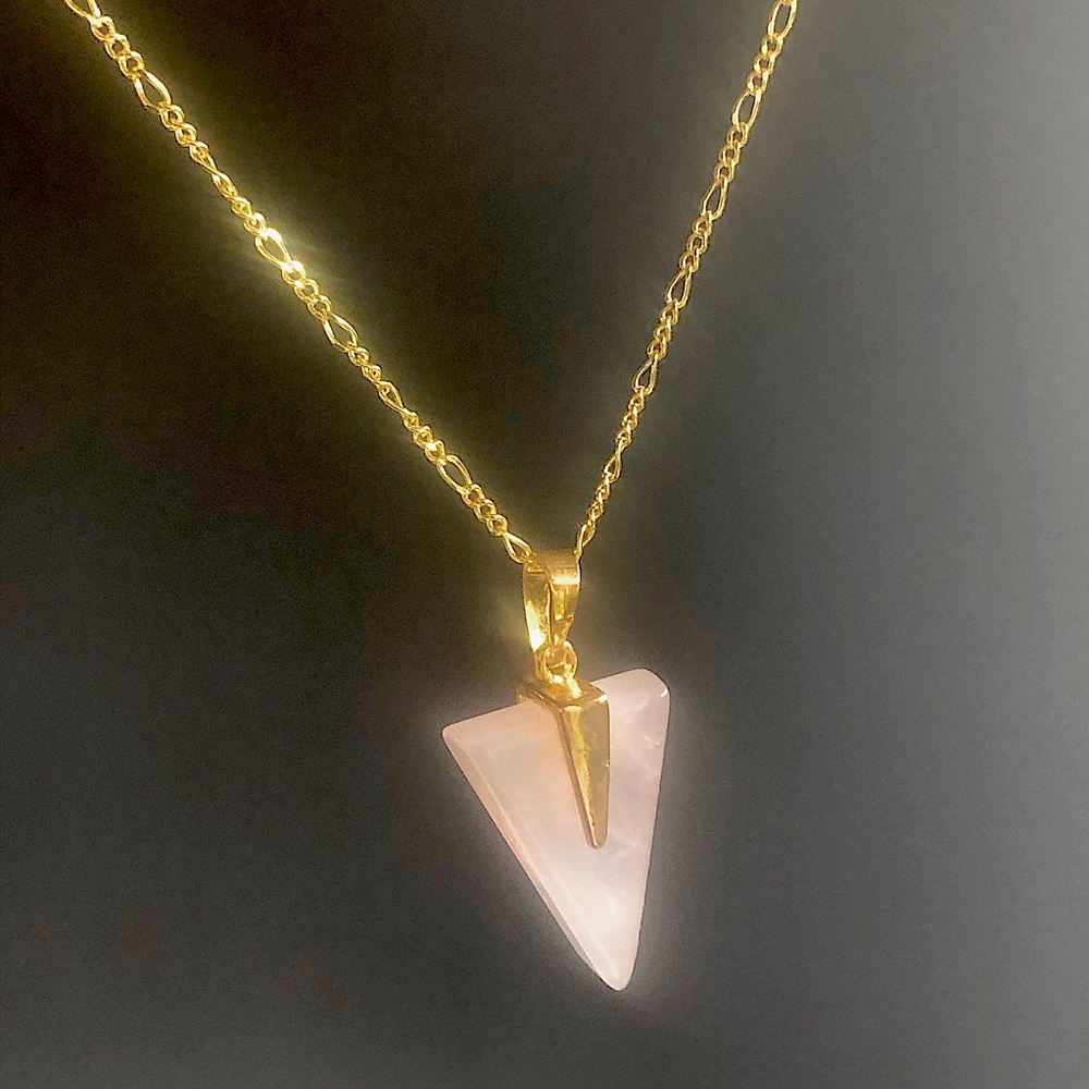 Natural Rose Quartz Crystal geometric Triangle Necklace on 18K gold filled chain